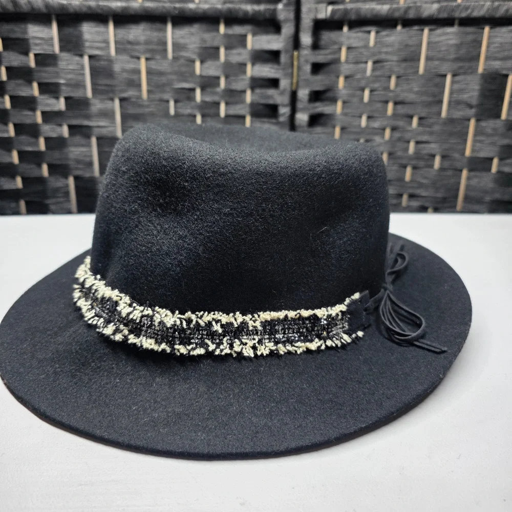 Nine West Black 100% Wool Fedora Hat Tweed Band Bow Accent One Size Wide Brim